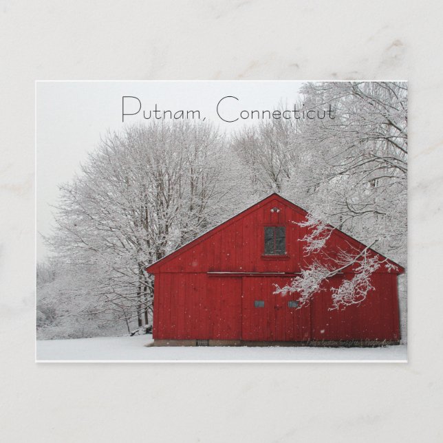 Snowy Red Barn Putnam, Connecticut Postcard (Front)