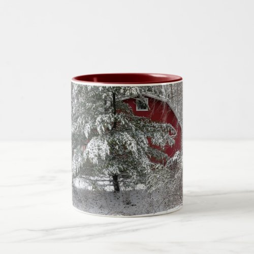 Snowy Red Barn Two_Tone Coffee Mug