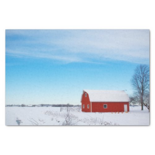 Snowy Red Barn Under a Crystal Blue Sky Tissue Paper