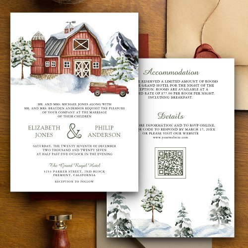 Snowy Red Barn Winter Christmas QR Code Wedding Invitation