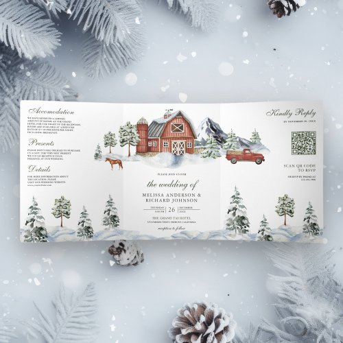 Snowy Red Barn Winter Christmas QR Code Wedding Tri_Fold Invitation
