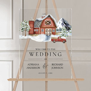 Snowy Red Barn Winter Christmas Wedding Welcome Acrylic Sign