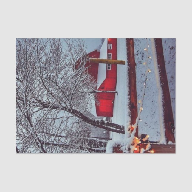 Snowy Red Barn with Christmas Lights on Fence Tissue Paper (Front)