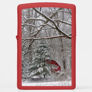 Snowy Red Barn Zippo Lighter