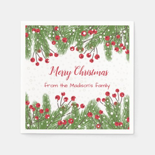 Snowy red berries pine Christmas Paper Napkins