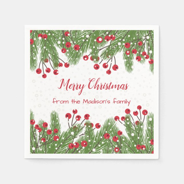 Snowy red berries, pine Christmas Paper Napkins (Front)