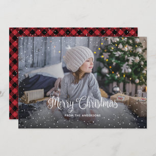 Snowy Red Buffalo Plaid Photo Christmas Cards