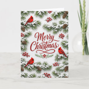 Snowy Red Cardinal Evergreen Christmas Card