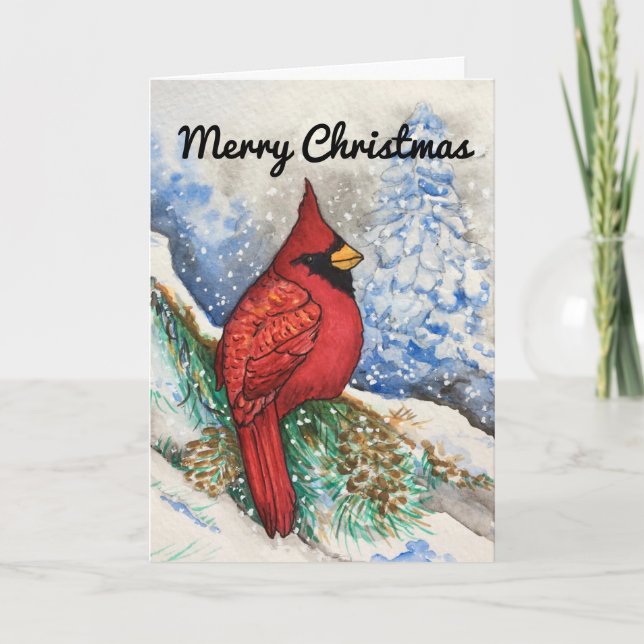 Snowy Red Cardinal Merry Christmas Card (Front)