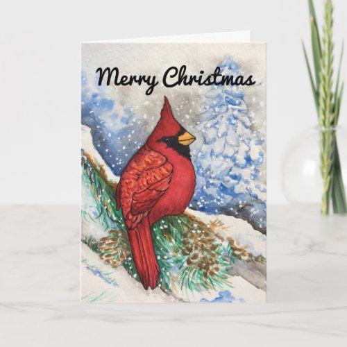 Snowy Red Cardinal Merry Christmas Card