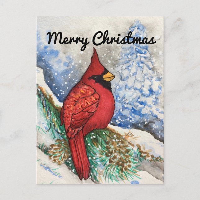 Snowy Red Cardinal Merry Christmas Postcard (Front)