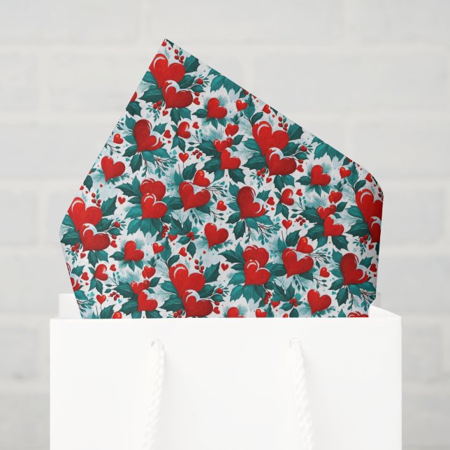 Snowy Red Christmas Hearts and Holly Tissue Paper (Gift Bag)