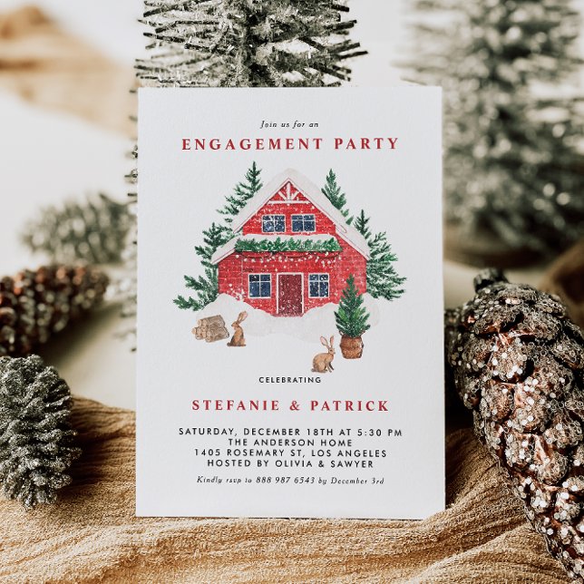 Snowy Red Cottage Forest Winter Engagement Party Invitation (A winter engagement party invitation featuring watercolor red cottage in a winter woodland scene.)