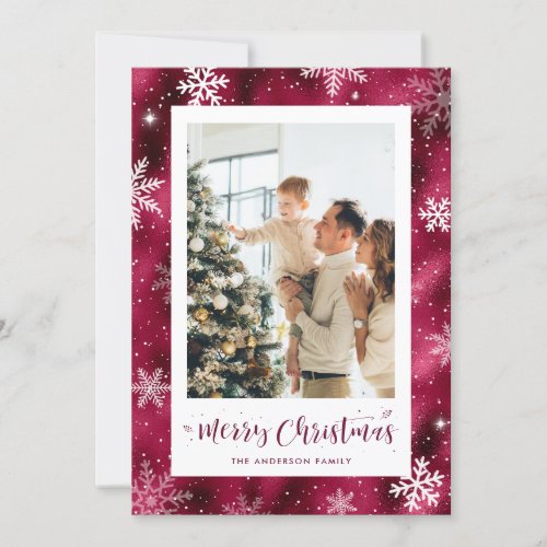 Snowy Red Foil Photo Merry Christmas Cards
