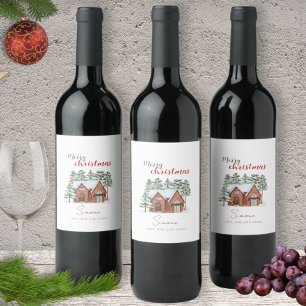 Snowy Red House Custom Name Christmas Wine Label
