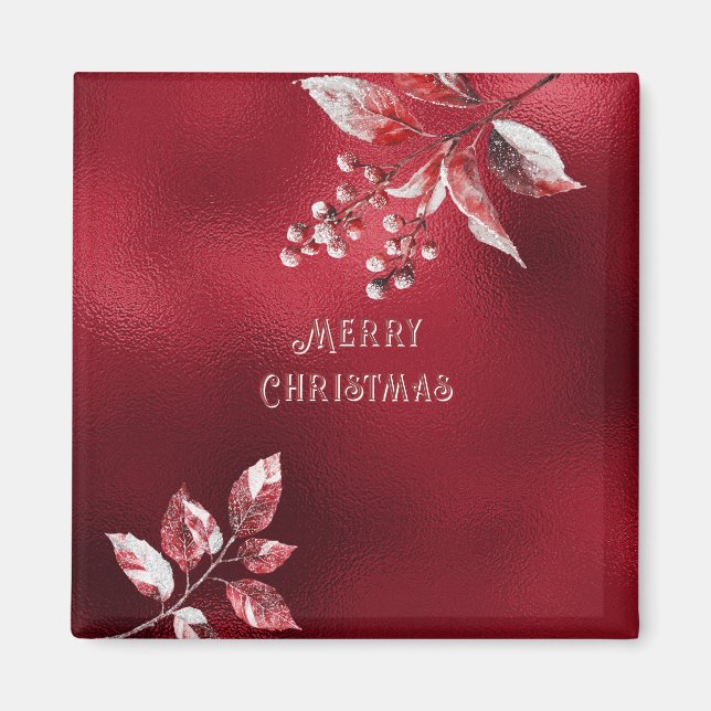 Snowy Red Leaves Christmas Holiday Magnet (Front)