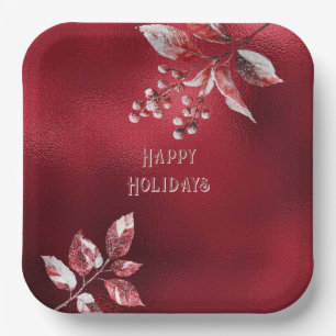 Snowy Red Leaves Christmas Holiday Paper Plate