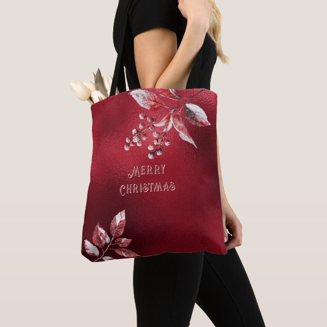 Snowy Red Leaves Christmas Holiday Tote Bag (Close Up)