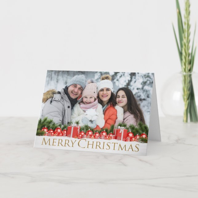 Snowy Red Packages Golden Merry Christmas Photo Holiday Card (Front)