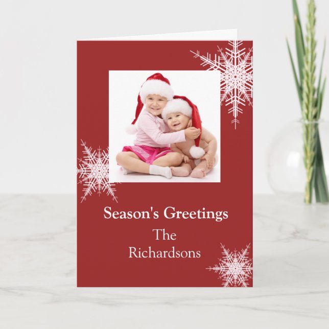Snowy Red Snowflakes Holiday Card (red) (Front)