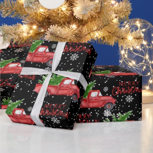 Snowy Red Truck Merry Christmas  Wrapping Paper