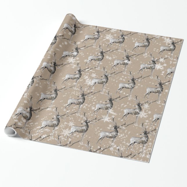 Snowy Reindeer Kraft Paper Wrapping (Unrolled)
