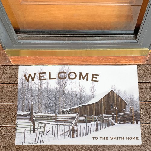Snowy Rural Barn Scene Photograph Welcome Doormat