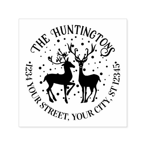 Snowy Rustic 2 Deer Round Family Name Ret Address Self_inking Stamp