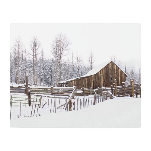 Snowy Rustic Barn Rural Scenery Photograph Metal Print