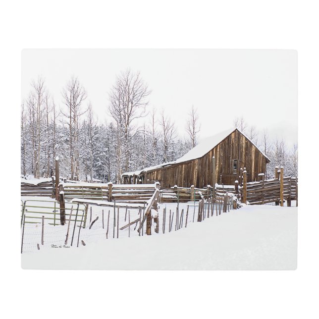 Snowy Rustic Barn Rural Scenery Photograph Metal Print (Front)