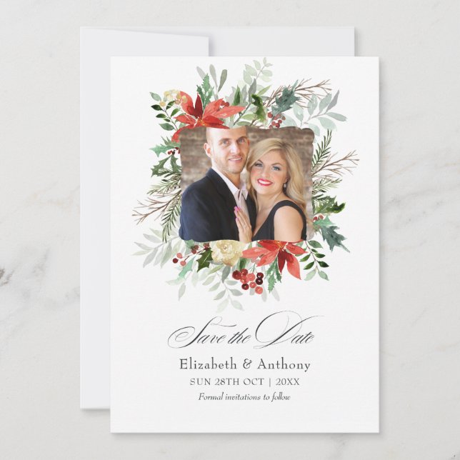Snowy Rustic Pine and Spruce Winter Wedding Magic Save The Date (Front)