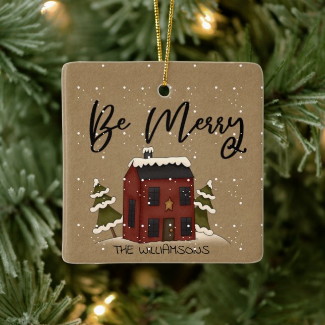 Snowy Saltbox House Primitive Country Add Name Ceramic Ornament (Tree)