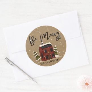 Snowy Saltbox House Primitive Country Christmas Classic Round Sticker