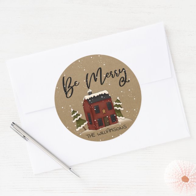 Snowy Saltbox House Primitive Country Christmas Classic Round Sticker (Envelope)
