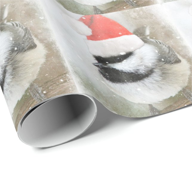 Snowy Santa Chickadee Wrapping Paper (Roll Corner)