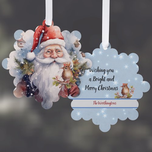 Snowy Santa Clause and Bird Watercolor Look Name Ornament Card
