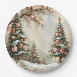 Snowy Scene with Christmas Trees and Pink Roses Paper Plates