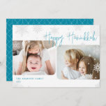 Snowy Script | 2 Photo Happy Hanukkah Holiday Card<br><div class="desc">Simple and modern Hanukkah card design features two of your favorite photos with an offset alignment, framed by falling snowflakes. "Happy Hanukkah" appears in modern iced aqua blue casual handwritten script lettering, with your family name and the year at the lower left corner. A unique contemporary design in a horizontal...</div>