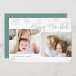 Snowy Script | 2 Photo Happy Hanukkah Holiday Card<br><div class="desc">Simple and modern Hanukkah card design features two of your favorite photos with an offset alignment, framed by falling snowflakes. "Happy Hanukkah" appears in light spruce green casual handwritten script lettering, with your family name and the year at the lower left corner. A unique contemporary design in a horizontal or...</div>