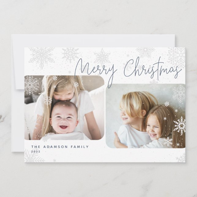 Snowy Script | 2 Photo Merry Christmas Holiday Car Card (Front)