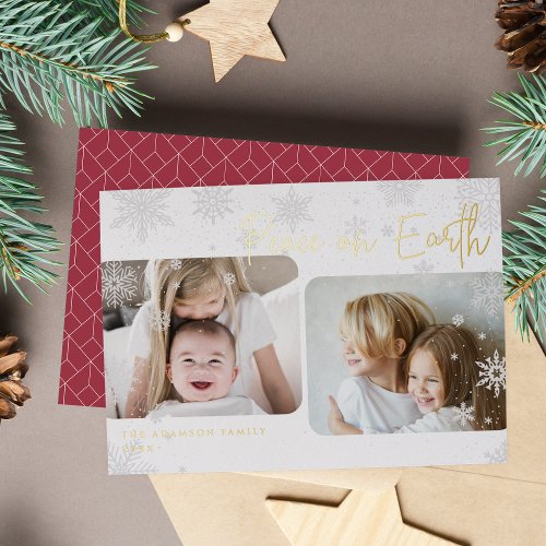 Snowy Script  2 Photo Peace on Earth Foil Holiday Card