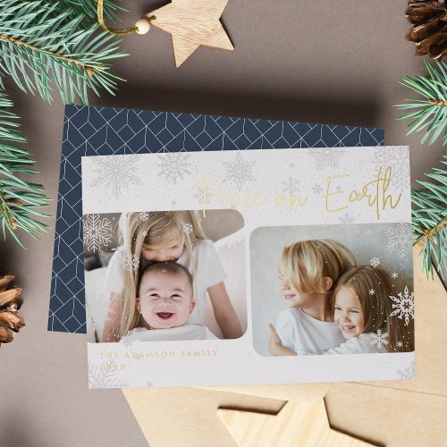 Snowy Script  2 Photo Peace on Earth Foil Holiday Card