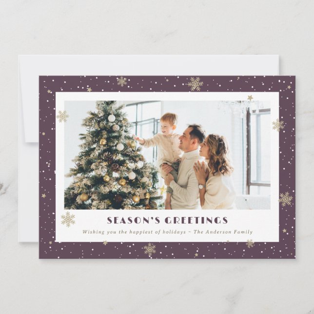 Snowy Season’s Greetings Purple Photo Holiday Card (Front)