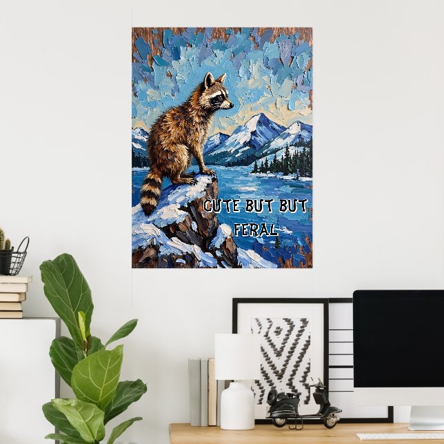 Snowy Serenade: Raccoon's Moonlit Vista Poster (Home Office)