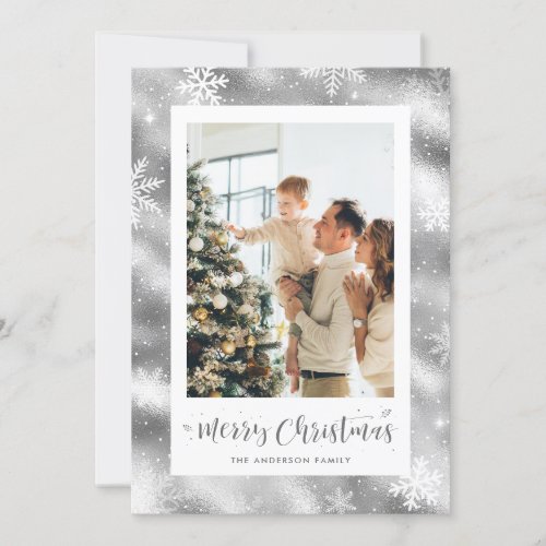 Snowy Silver Foil Photo Merry Christmas Cards