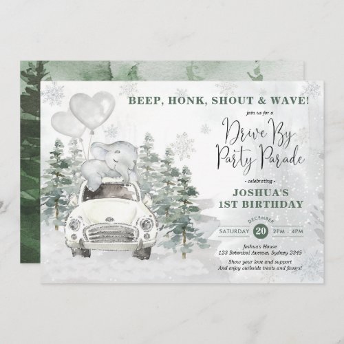 Snowy Silver Winter Elephant Drive By Birthday Invitation