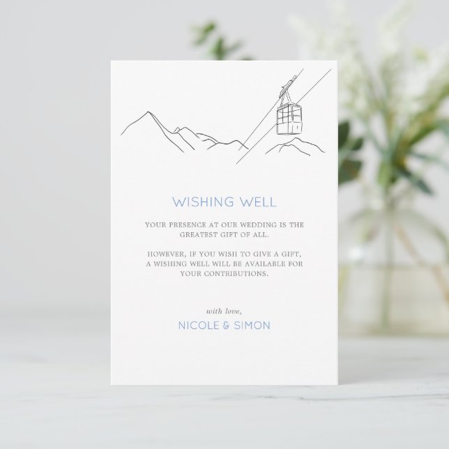 Snowy Ski Slopes Cable Car Wedding Wishing Well Enclosure Card (Standing Front)