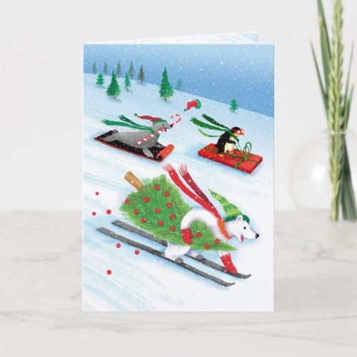 Snowy Skiing Polar Bear Sledding Penguin Sea Lion Holiday Card