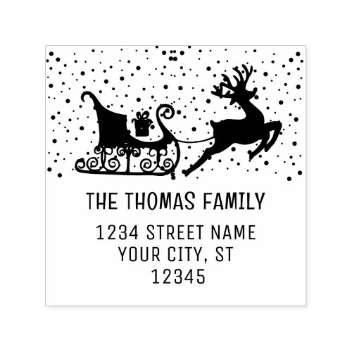 Snowy Sleigh  Reindeer Christmas Name Address Self_inking Stamp