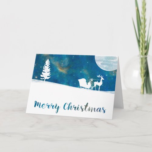 Snowy Sleigh Ride Aurora Borealis Merry Christmas Holiday Card